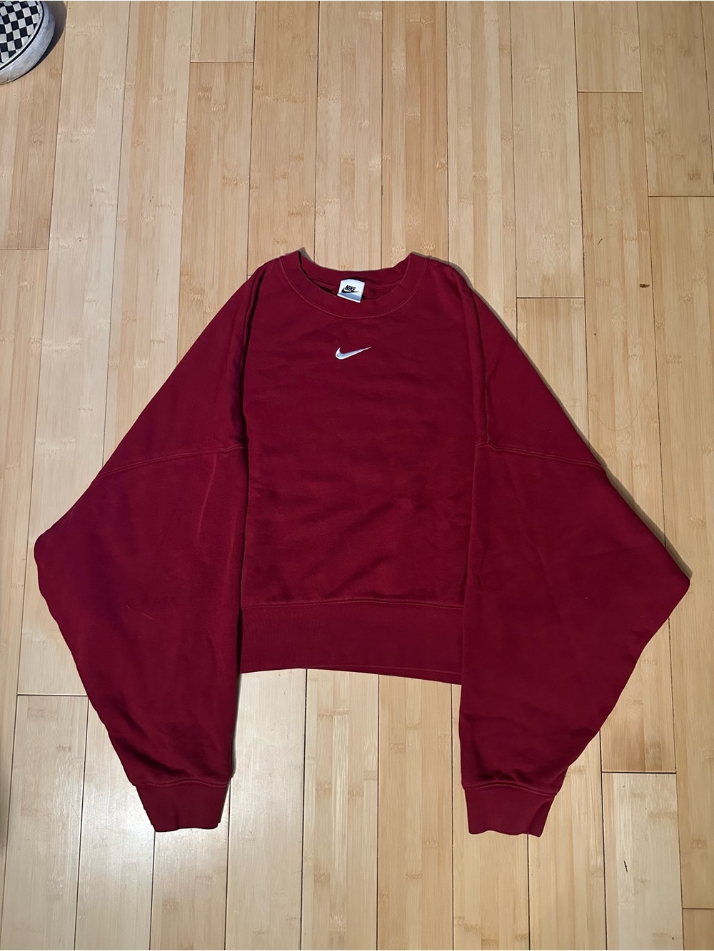 Nike Women's Burgundy Cropped Crewneck Sweatshirt with White Swoosh